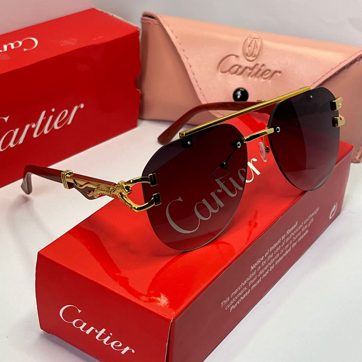 Wood-Tone Rimless Round Sunglasses