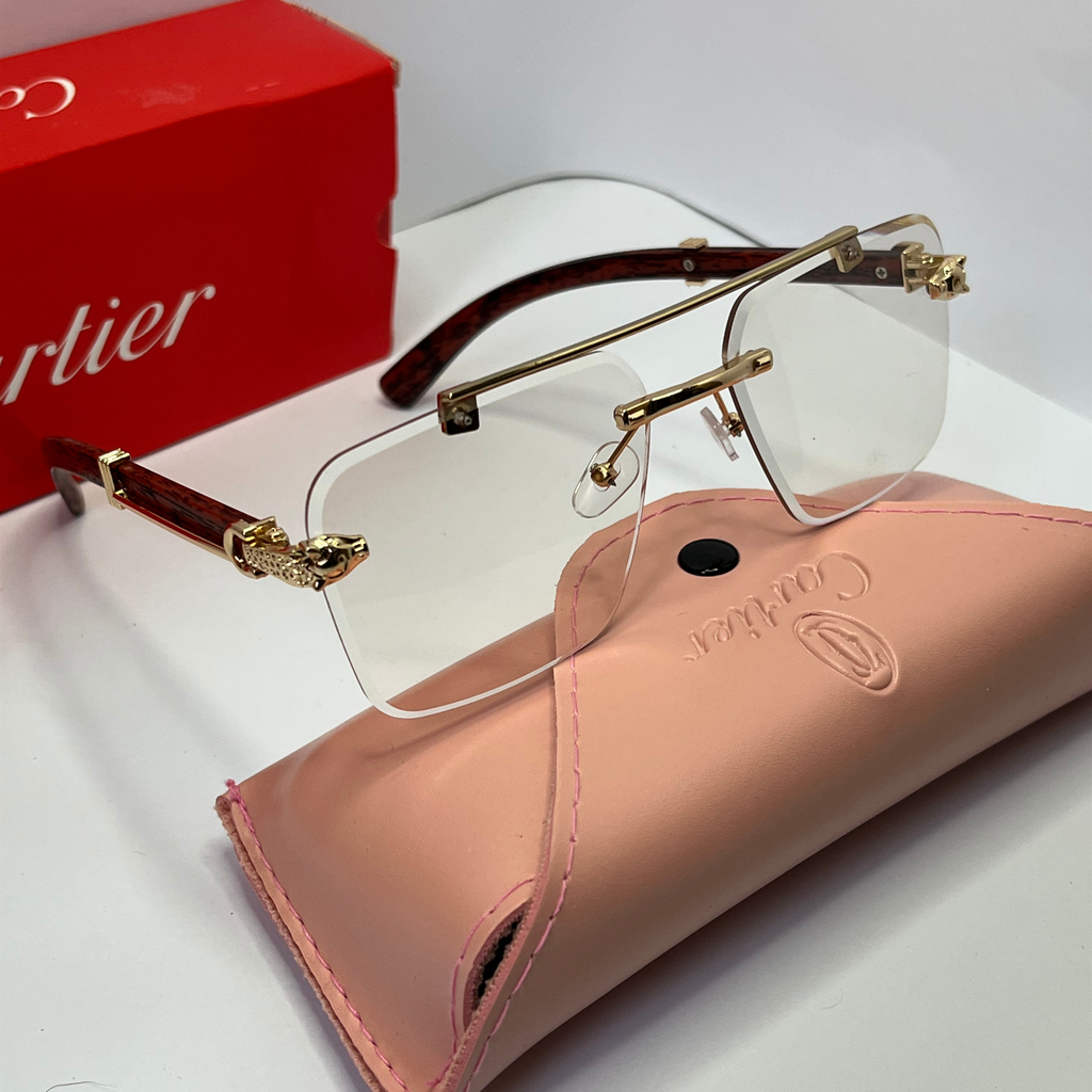 Wood-Tone Rimless Square Sunglasses – Clear Lens