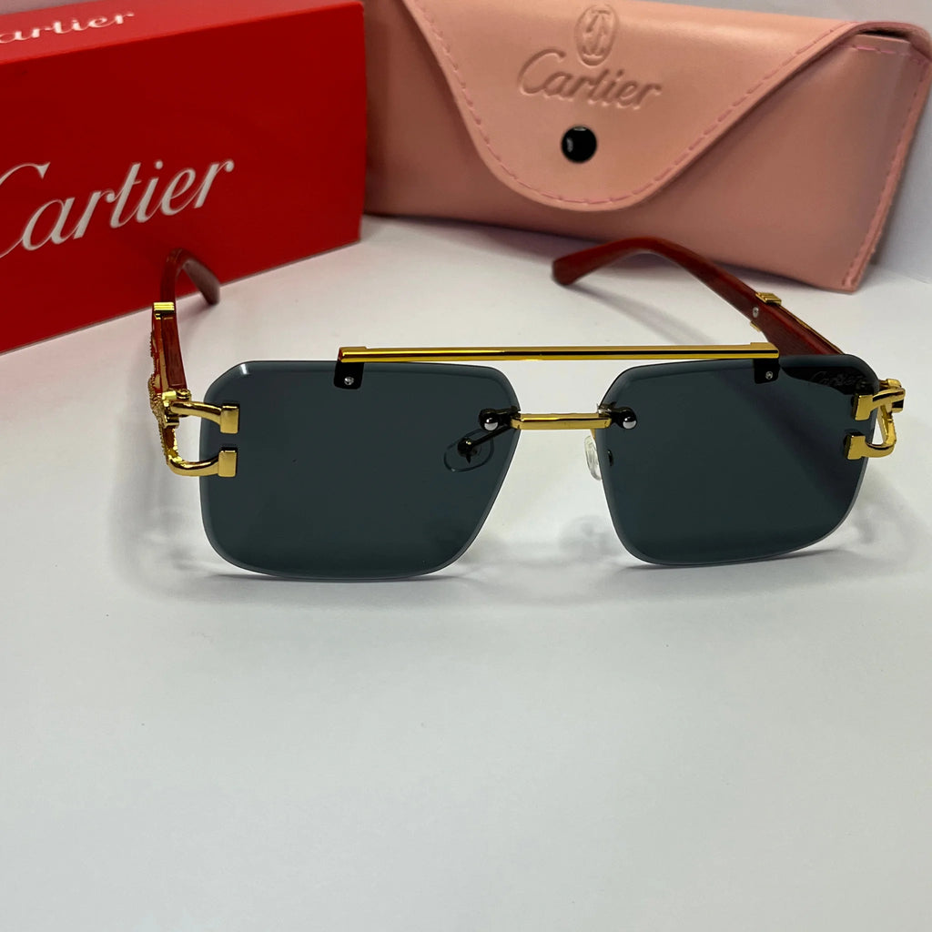 Wood-Tone Rimless Square Sunglasses – Burgundy Tint
