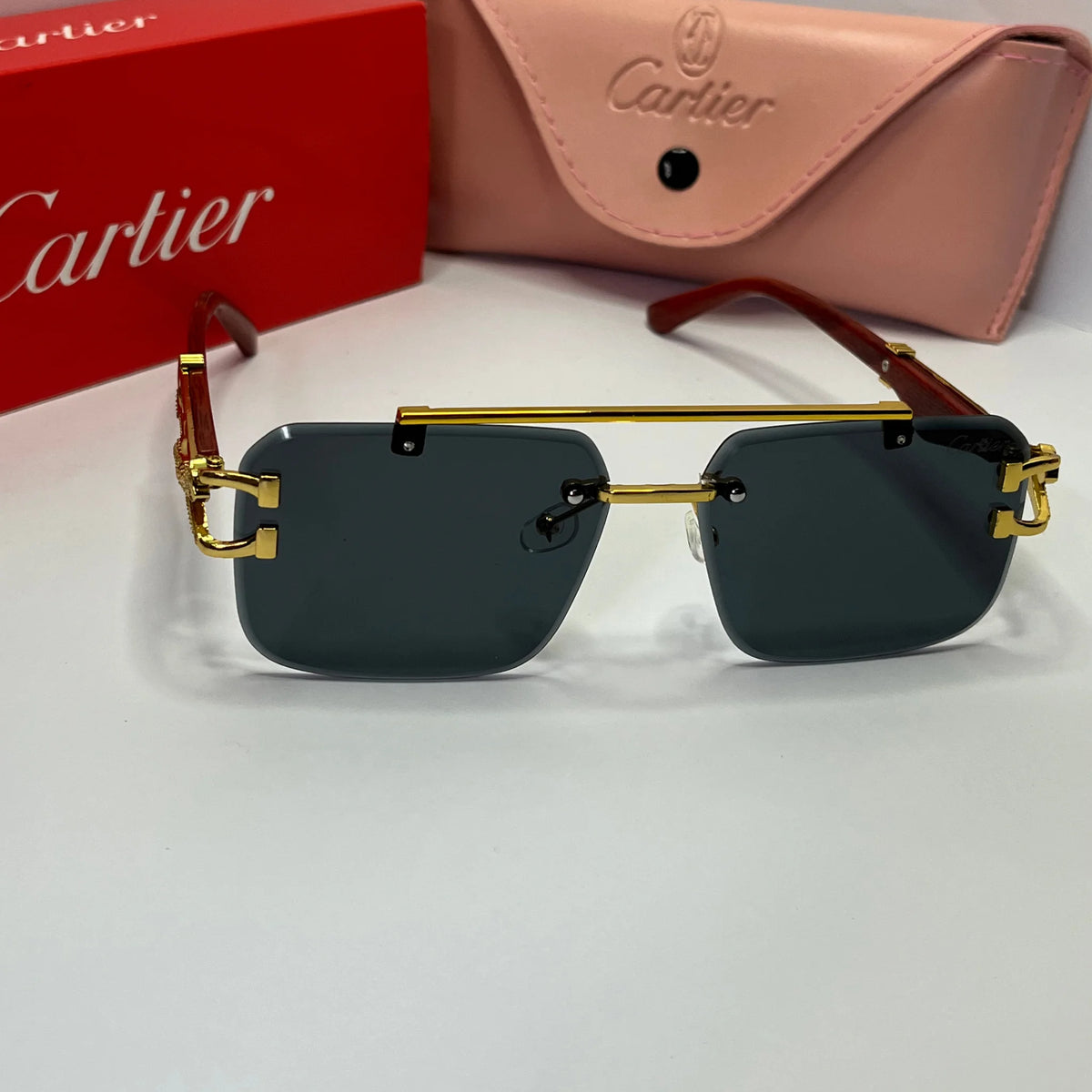 Wood-Tone Rimless Square Sunglasses – Burgundy Tint