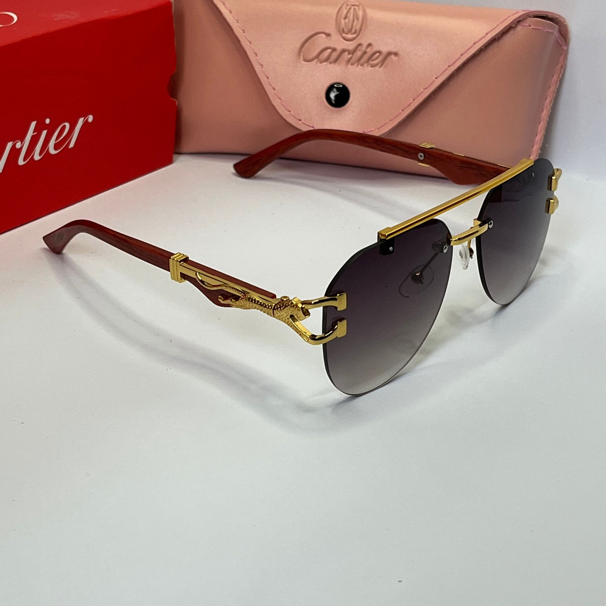 Wood-Tone Rimless Round Sunglasses