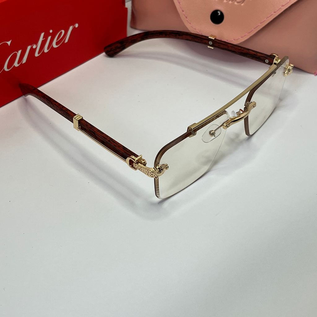 Wood-Tone Rimless Square Sunglasses – Clear Lens