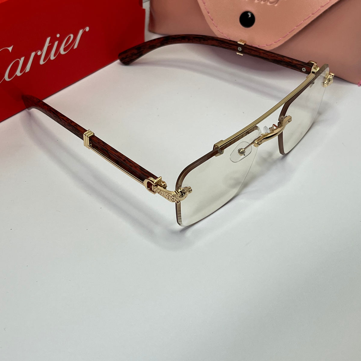 Wood-Tone Rimless Square Sunglasses – Clear Lens