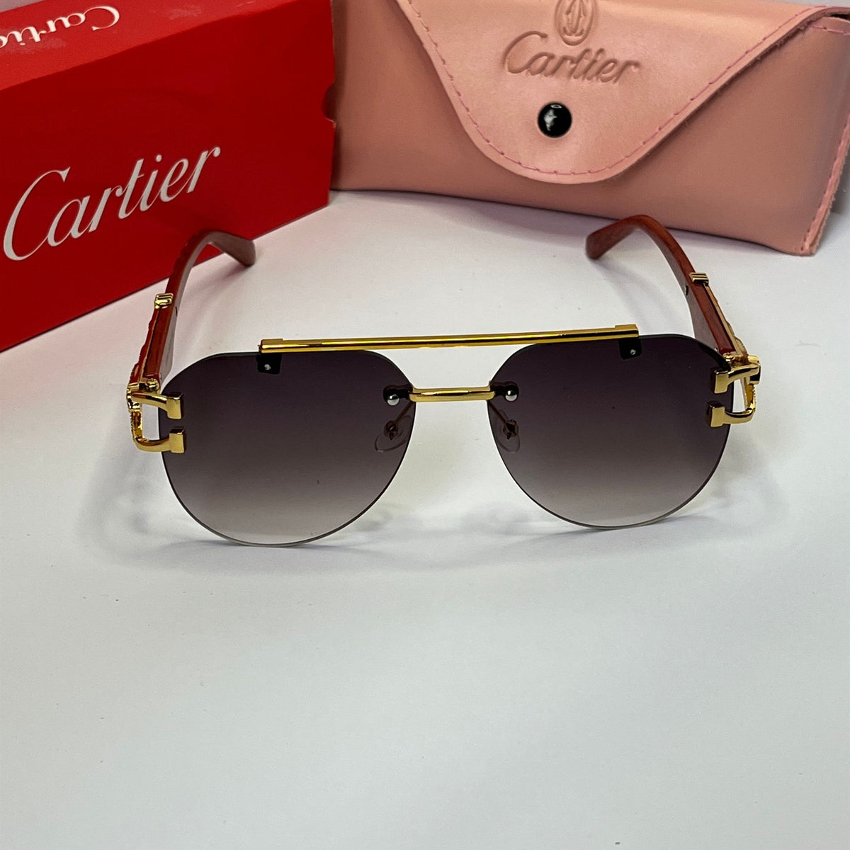 Wood-Tone Rimless Round Sunglasses