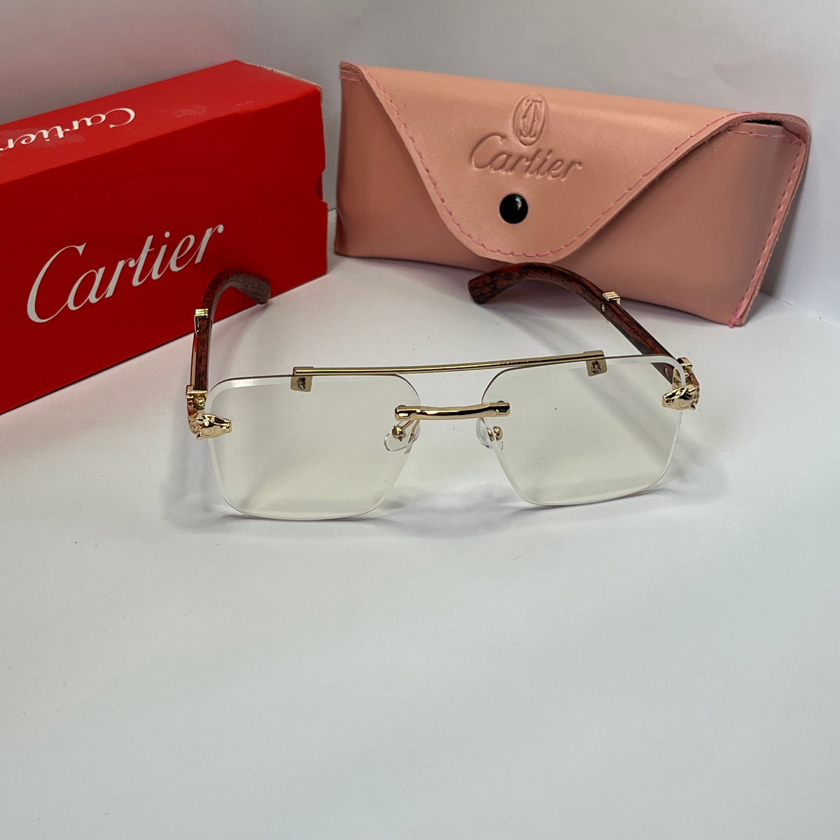 Wood-Tone Rimless Square Sunglasses – Clear Lens