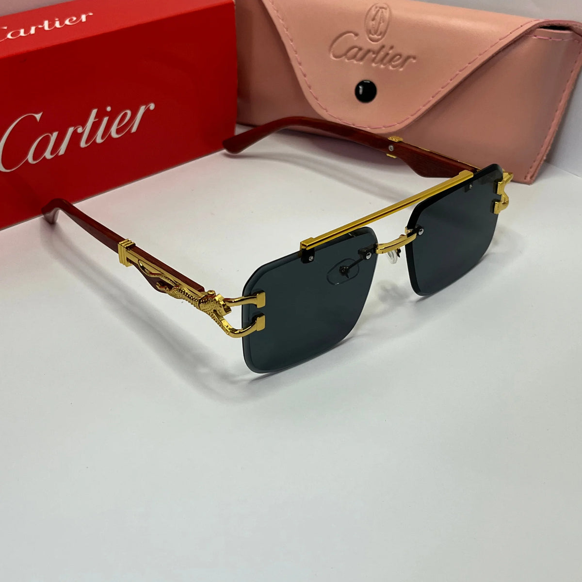 Wood-Tone Rimless Square Sunglasses – Burgundy Tint