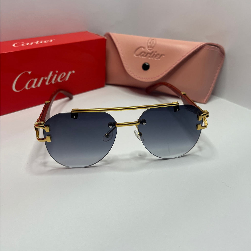 Wood-Tone Rimless Round Sunglasses